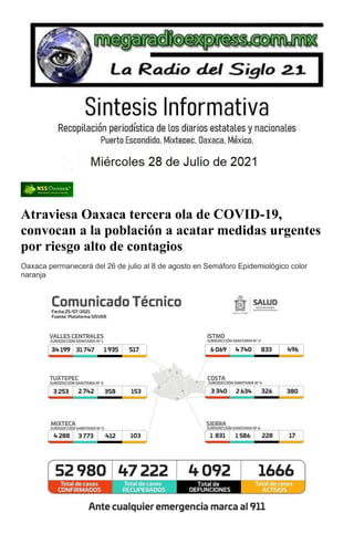 Atraviesa Oaxaca tercera ola de COVID-19,
convocan a la población a acatar medidas urgentes
por riesgo alto de contagios
Oaxaca permanecerá del 26 de julio al 8 de agosto en Semáforo Epidemiológico color
naranja
 