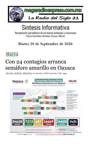 Con 24 contagios arranca
semáforo amarillo en Oaxaca
DEL DÍA, GENERAL, PRINCIPAL 29 septiembre, 202029 septiembre, 2020 marca
 