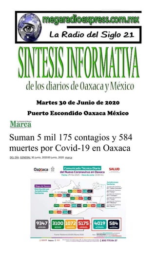 Martes 30 de Junio de 2020
Puerto Escondido Oaxaca México
Suman 5 mil 175 contagios y 584
muertes por Covid-19 en Oaxaca
DEL DÍA, GENERAL 30 junio, 202030 junio, 2020 marca
 