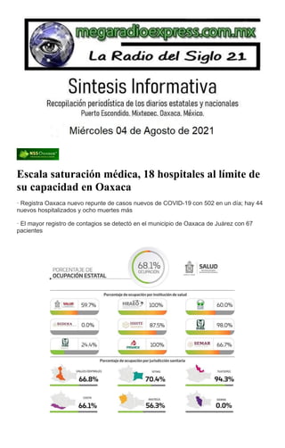 Escala saturación médica, 18 hospitales al límite de
su capacidad en Oaxaca
· Registra Oaxaca nuevo repunte de casos nuevos de COVID-19 con 502 en un día; hay 44
nuevos hospitalizados y ocho muertes más
· El mayor registro de contagios se detectó en el municipio de Oaxaca de Juárez con 67
pacientes
 