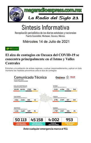 El alza de contagios en Oaxaca del COVID-19 se
concentra principalmente en el Istmo y Valles
Centrales
Exhortan a la población de ambas regiones, a actuar responsablemente y aplicar en todo
momento las medidas preventivas ante el alza de contagios
 
