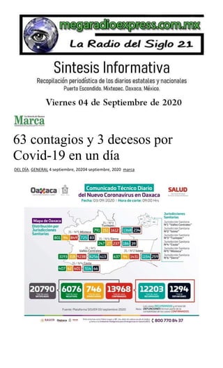 63 contagios y 3 decesos por
Covid-19 en un día
DEL DÍA, GENERAL 4 septiembre, 20204 septiembre, 2020 marca
 
