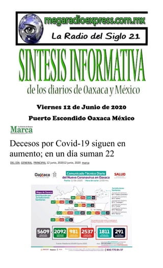 Viernes 12 de Junio de 2020
Puerto Escondido Oaxaca México
Decesos por Covid-19 siguen en
aumento; en un día suman 22
DEL DÍA, GENERAL, PRINCIPAL 12 junio, 202012 junio, 2020 marca
 