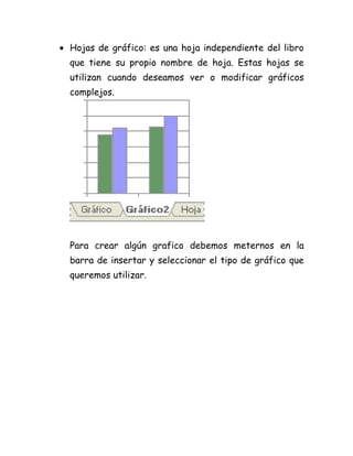 Hojas de gráfico: es una hoja independiente del libro
que tiene su propio nombre de hoja. Estas hojas se
utilizan cuando deseamos ver o modificar gráficos
complejos.
Para crear algún grafico debemos meternos en la
barra de insertar y seleccionar el tipo de gráfico que
queremos utilizar.