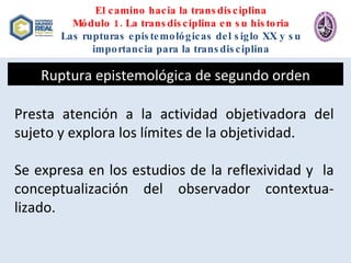 El camino hacia la transdisciplina Módulo 1. La transdisciplina en su historia Las rupturas epistemológicas del siglo XX y su importancia para la transdisciplina Ruptura epistemológica de segundo orden Presta atención a la actividad objetivadora del sujeto y explora los límites de la objetividad. Se expresa en los estudios de la reflexividad y  la conceptualización del observador contextua-lizado. 