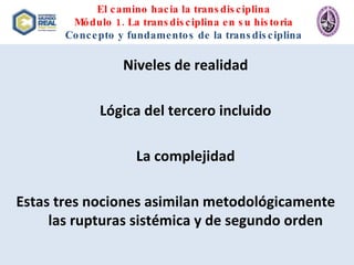 El camino hacia la transdisciplina Módulo 1. La transdisciplina en su historia Concepto y fundamentos de la transdisciplina Niveles de realidad Lógica del tercero incluido La complejidad Estas tres nociones asimilan metodológicamente las rupturas sistémica y de segundo orden 