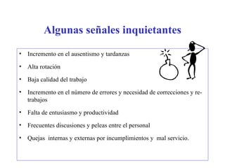 Algunas señales inquietantes Incremento en el ausentismo y tardanzas Alta rotación Baja calidad del trabajo Incremento en el número de errores y necesidad de correcciones y re-trabajos Falta de entusiasmo y productividad Frecuentes discusiones y peleas entre el personal Quejas  internas y externas por incumplimientos y  mal servicio. 