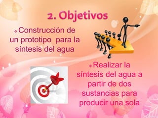 Construcción de 
un prototipo para la 
síntesis del agua 
Realizar la 
síntesis del agua a 
partir de dos 
sustancias para 
producir una sola 
 
