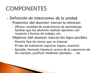  Definición de intenciones de la unidad
◦ Propositos (del docente): marcan la intencion
 Ofrecer variedad de experiencias de aprendizaje,
facilitar que los alumnos realicen opciones con
respecto a formas de trabajo, etc.
◦ Objetivos (del alumno): marcan los logro posibles
 Permite fijar los temas que se trataran
 El tipo de evaluacion (apreciar logros, avances)
 Ejemplo: formular hipotesis acerca de la coposicion de
los cuerpos, justificar mediante ejemplos…. etc
 