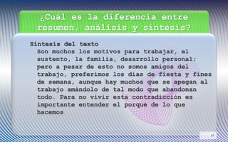 ¿Cuál es la diferencia entre
resumen, análisis y síntesis?
Síntesis del texto
Son muchos los motivos para trabajar, el
sustento, la familia, desarrollo personal;
pero a pesar de esto no somos amigos del
trabajo, preferimos los días de fiesta y fines
de semana, aunque hay muchos que se apegan al
trabajo amándolo de tal modo que abandonan
todo. Para no vivir esta contradicción es
importante entender el porqué de lo que
hacemos
19
 