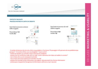 CRITICITA’ RILEVATE
PROCESSI RICHIESTA CARTA DI CREDITO

Voto finale al processo cartaceo
(DM) 8 soggetti:

Voto finale al processo da mail
(DEM) 8 soggetti:

Piacevolezza: 7,4
Facilità: 8,1

Piacevolezza: 6,6
Facilità: 7,6

- il cambio di dominio da mini-sito a form crea problemi, si ha timore (“il passaggio mi fa pensare ad una pubblicità tipo
groupon”, “mi sembra di fare una cosa sbagliata”, “è poco serio”)
- sembra di stipulare un contratto senza conoscere le condizioni
- sembra che non verifichino nulla, ed è un male “come si dimostra che il dato sul reddito è corretto?”
- non è chiaro che occorre stampare il contratto
- non è chiaro che arriva qualcosa (il contratto) via mail
- sembra che Unicredit sia più interessata a raccogliere i dati personali che a fornire informazioni
- sembra poco trasparente, farraginoso, le informazioni utili sono un po’ nascoste

 