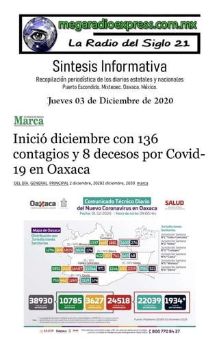 Inició diciembre con 136
contagios y 8 decesos por Covid-
19 en Oaxaca
DEL DÍA, GENERAL, PRINCIPAL 2 diciembre, 20202 diciembre, 2020 marca
 