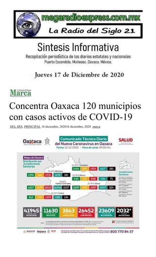Concentra Oaxaca 120 municipios
con casos activos de COVID-19
DEL DÍA, PRINCIPAL 16 diciembre, 202016 diciembre, 2020 marca
 