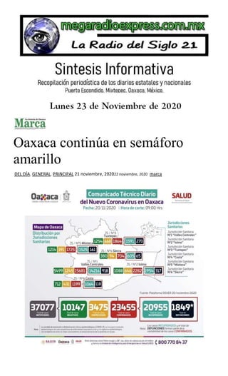 Oaxaca continúa en semáforo
amarillo
DEL DÍA, GENERAL, PRINCIPAL 21 noviembre, 202022 noviembre, 2020 marca
 