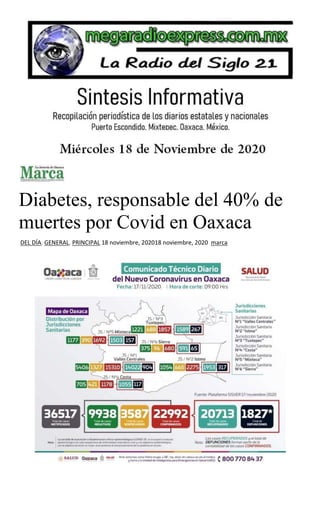 Diabetes, responsable del 40% de
muertes por Covid en Oaxaca
DEL DÍA, GENERAL, PRINCIPAL 18 noviembre, 202018 noviembre, 2020 marca
 