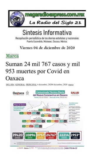 Suman 24 mil 767 casos y mil
953 muertes por Covid en
Oaxaca
DEL DÍA, GENERAL, PRINCIPAL 4 diciembre, 20204 diciembre, 2020 marca
 