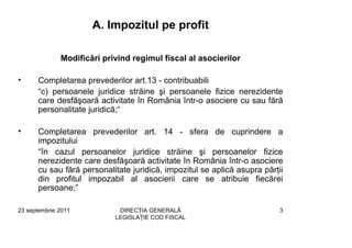 A. Impozitul pe profit

              Modificări privind regimul fiscal al asocierilor

•     Completarea prevederilor art.13 - contribuabili
      “c) persoanele juridice străine şi persoanele fizice nerezidente
      care desfăşoară activitate în România într-o asociere cu sau fără
      personalitate juridică;“

•     Completarea prevederilor art. 14 - sfera de cuprindere a
      impozitului
      “în cazul persoanelor juridice străine şi persoanelor fizice
      nerezidente care desfăşoară activitate în România într-o asociere
      cu sau fără personalitate juridică, impozitul se aplică asupra părţii
      din profitul impozabil al asocierii care se atribuie fiecărei
      persoane;”

23 septembrie 2011           DIRECŢIA GENERALĂ                            3
                            LEGISLAŢIE COD FISCAL
 