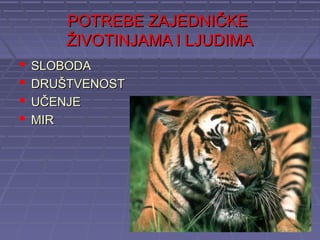 POTREBE ZAJEDNIČKE
        ŽIVOTINJAMA I LJUDIMA
   SLOBODA
   DRUŠTVENOST
   UČENJE
   MIR
 