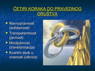 ČETIRI KORAKA DO PRAVEDNOG
                DRUŠTVA

   Ravnopravnost
    (solidarnost)
   Transparentnost
    (javnost)
   Miroljubivost
    (transformacija)
   Kvantni skok u
    znanosti (otkrića)
 