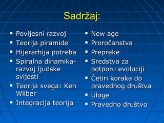 Sadržaj:
   Povijesni razvoj         New age
   Teorija piramide         Proročanstva
   Hijerarhija potreba      Prepreke
   Spiralna dinamika-       Sredstva za
    razvoj ljudske            potporu evoluciji
    svijesti                 Četiri koraka do
   Teorija svega: Ken        pravednog društva
    Wilber                   Uloge
   Integracija teorija      Pravedno društvo
 