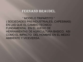 FERNAND BRAUDEL
          “ MODELO TRIPARTITO ”
( SOCIEDADES PREINDUSTRIALES, CAPESINAS)
EN LAS QUE EL CAMBIO TECNICO
FUNDAMENTAL EN EL JUEGO DE
HERRAMIENTAS DE AGRICULTURA BASICO, ASI
COMO EL IMPACTO DEL HOMBRE EN EL MEDIO
AMBIENTE Y VICEVERSA.
 