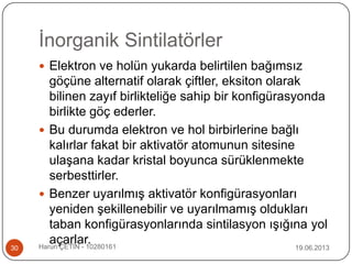 İnorganik Sintilatörler
19.06.2013Harun ÇETİN - 1028016130
 Elektron ve holün yukarda belirtilen bağımsız
göçüne alternatif olarak çiftler, eksiton olarak
bilinen zayıf birlikteliğe sahip bir konfigürasyonda
birlikte göç ederler.
 Bu durumda elektron ve hol birbirlerine bağlı
kalırlar fakat bir aktivatör atomunun sitesine
ulaşana kadar kristal boyunca sürüklenmekte
serbesttirler.
 Benzer uyarılmış aktivatör konfigürasyonları
yeniden şekillenebilir ve uyarılmamış oldukları
taban konfigürasyonlarında sintilasyon ışığına yol
açarlar.
 
