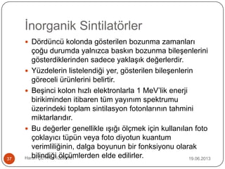 İnorganik Sintilatörler
19.06.2013Harun ÇETİN - 1028016137
 Dördüncü kolonda gösterilen bozunma zamanları
çoğu durumda yalnızca baskın bozunma bileşenlerini
gösterdiklerinden sadece yaklaşık değerlerdir.
 Yüzdelerin listelendiği yer, gösterilen bileşenlerin
göreceli ürünlerini belirtir.
 Beşinci kolon hızlı elektronlarla 1 MeV‟lik enerji
birikiminden itibaren tüm yayınım spektrumu
üzerindeki toplam sintilasyon fotonlarının tahmini
miktarlarıdır.
 Bu değerler genellikle ışığı ölçmek için kullanılan foto
çoklayıcı tüpün veya foto diyotun kuantum
verimliliğinin, dalga boyunun bir fonksiyonu olarak
bilindiği ölçümlerden elde edilirler.
 