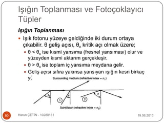Işığın Toplanması ve Fotoçoklayıcı
Tüpler
19.06.2013Harun ÇETİN - 1028016180
Işığın Toplanması
 Işık fotonu yüzeye geldiğinde iki durum ortaya
çıkabilir. θ geliş açısı, θc kritik açı olmak üzere;
 θ < θc ise kısmi yansıma (fresnel yansıması) olur ve
yüzeyden kısmi aktarım gerçekleşir.
 θ > θc ise toplam iç yansıma meydana gelir.
 Geliş açısı sıfıra yakınsa yansıyan ışığın kesri birkaç
yüzdeye düşer.
 