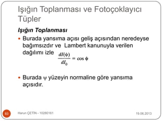 Işığın Toplanması ve Fotoçoklayıcı
Tüpler
19.06.2013Harun ÇETİN - 1028016183
Işığın Toplanması
 Burada yansıma açısı geliş açısından neredeyse
bağımsızdır ve Lambert kanunuyla verilen
dağılımı izler:
 Burada ψ yüzeyin normaline göre yansıma
açısıdır.
 
