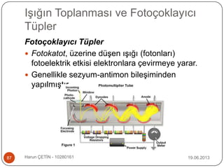Işığın Toplanması ve Fotoçoklayıcı
Tüpler
19.06.2013Harun ÇETİN - 1028016187
Fotoçoklayıcı Tüpler
 Fotokatot, üzerine düşen ışığı (fotonları)
fotoelektrik etkisi elektronlara çevirmeye yarar.
 Genellikle sezyum-antimon bileşiminden
yapılmıştır.
 