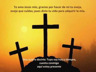 Te amo Jesús mío, gracias por hacer de mi tu oveja, oveja que cuidas; pues diste tu vida para adquirir la mía. Hoy quiero decirte: Tuyo soy hoy y siempre, cuenta conmigo aquí estoy presente 