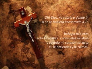 Oh! Dios, no sabría a donde ir, si no te hubiera encontrado a TI.   Refugio mío eres solo Tu acallas  y consuelas mi alma y cuando mi corazón se agita tu le entiendes y le calmas. 