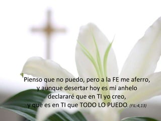   Pienso que no puedo, pero a la FE me aferro, y aunque desertar hoy es mi anhelo declararé que en TI yo creo, y que es en TI que TODO LO PUEDO . (FIL:4,13) 