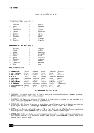 Raz. Verbal
124
PRÁCTICA SEMÁNTICA N° 10
APAREAMIENTO DE SINÓNIMOS
1. Buhardilla ( ) Hipócrita
2. Buido ( ) Disonancia
3. Brumoso ( ) Pachorra
4. Camandulero ( ) Aguzado
5. Cachaza ( ) Compendio
6. Cacofonía ( ) Ánimo
7. Borrasca ( ) Nebuloso
8. Breviario ( ) Desván
9. Brío ( ) Perspicacia
10. Cacumen ( ) Tempestad
APAREAMIENTO DE ANTÓNIMOS
1. Breviario ( ) Tempestad
2. Boreal ( ) Torpeza
3. Bohío ( ) Abatimiento
4. Bonanza ( ) Escampado
5. Buido ( ) Alcázar
6. Burdo ( ) Cacofónico
7. Brumoso ( ) Ampliación
8. Caletre ( ) Refinado
9. Cadencioso ( ) Meridional
10. Brío ( ) Romo
TÉRMINO EXCLUIDO
1. BREVIARIO Epítome Resumen Síntesis Fragmento Compendio
2. BUHARDILLA Desván Buharda Pocilga Boarda Ático
3. BRUMOSO Nublado Nubloso Nebuloso Calinoso Escampado
4. BURDO Tosco Vasto Grosero Chabacano Adocenado
5. CACUMEN Perspicacia Suspicacia Caletre Ingenio Agudeza
6. CACHAZA Pachorra Ineptitud Flema Lentitud Parsimonia
7. CALUMNIAR Difamar Infamar Afrentar Deshonrar Exagerar
8. BOTARATE Derrochador Dilapidador Generoso Pródigo Despilfarrador
9. CAMANDULERO Hipócrita Fingido Embustero Aleve Falaz
10.BEODO Ajumado Ebrio Dipsómano Borracho Adicto
VOCABULARIO BÁSICO N° 09
1. CAMORRA: f. fam. Riña o pendencia // 2. Ar. Panecillo largo con un trozo de longaniza dentro. “Camorra sangrienta”.
SINº Bronca, pelea, riña. // ANTº Amistad, concordia.
2. CAMPESTRE: adj. Campesino, del campo. // 2. Dícese de las fiestas, reuniones, comidas, etc, que se celebran en el
campo. “Restaurante campestre”. SINº Rural. // ANTº Urbano.
3. CAMUFLAR: tr. Mil. Disimular la presencia de armas, tropas, material de guerra, barcos, etc. dándoles apariencia que
pueda engañar al enemigo. “La armada logró camuflarse”. SINº Esconder, ocultar. // ANTº Descubrir.
4. CANALLA: f. ant. Perrería, muchedumbre de perros. // 2. fig y fam. Gente baja, ruin. // fig y fam. Persona despreciable y
de malos procederes. “Eres un canalla”. SINº Vil, indigno, abyecto. // ANTº Honorable, digno.
5. CANCELAR: tr. Anular, hacer ineficaz un instrumento público, una inscripción en registro, una nota o una obligación que
tenía autoridad o fuerza. // 2. fig. Borrar de la memoria, abolir, derogar. “Decidió cancelar el contrato”. SINº Anular,
invalidar. // ANTº Ratificar, validar.
 