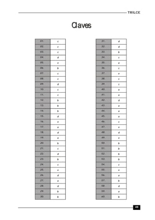 TRILCE
49
Claves
Claves
c
c
c
d
e
b
c
c
d
c
c
b
b
b
d
e
a
d
a
b
c
d
b
c
e
d
a
d
b
b
d
d
b
c
a
c
e
c
c
a
a
d
a
a
a
c
e
d
e
b
b
b
b
c
e
a
b
d
a
b
01.
02.
03.
04.
05.
06.
07.
08.
09.
10.
11.
12.
13.
14.
15.
16.
17.
18.
19.
20.
21.
22.
23.
24.
25.
26.
27.
28.
29.
30.
31.
32.
33.
34.
35.
36.
37.
38.
39.
40.
41.
42.
43.
44.
45.
46.
47.
48.
49.
50.
51.
52.
53.
54.
55.
56.
57.
58.
59.
60.
 