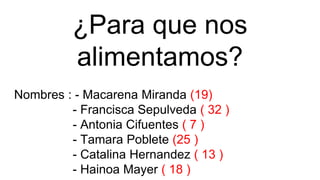 ¿Para que nos
alimentamos?
Nombres : - Macarena Miranda (19)
- Francisca Sepulveda ( 32 )
- Antonia Cifuentes ( 7 )
- Tamara Poblete (25 )
- Catalina Hernandez ( 13 )
- Hainoa Mayer ( 18 )
 