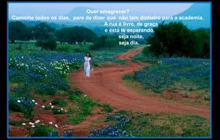 Quer emagrecer?
Caminhe todos os dias, pare de dizer que não tem dinheiro para a academia.
                                    A rua é livre, de graça
                                    e está te esperando,
                                          seja noite,
                                          seja dia.
 