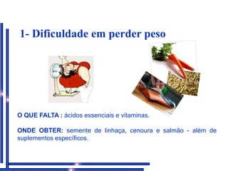 1- Dificuldade em perder peso   O QUE FALTA : ácidos essenciais e vitaminas.ONDE OBTER: semente de linhaça, cenoura e salmão - além de suplementos específicos. 