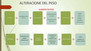 ALTERACIONE DEL PESO
MECANISMO
INCREMENTO DE TEJIDO
ADIPOSO ASPECTO BIOQUIMICO
DISMINUCION DENSIDAD
DEL CUERPO
AHORRO DE N,K,P, AGUA
ELECTROLITOS
ASPECTO CLINICO
AUMENTO
GROSOR
PLIEGUES
CUTANEOS
P. ABDOMINAL
P BRAZOS, MUSLOS
AUMENTO DE PESO
MECANISMO
INCREMENTO DEL
LIQUIDO
EXTRACELULAR
ASPECTO
BIOQUIMICO
AUMENTO DEL
LIQUIDO
EXTRACELULAR:
INTERSTICIAL Y
VASCULAR
ASPECTO CLINICO
EDEMA
AUMENTO DE
PRESION VENOSA
 