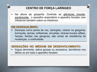  Na altura da garganta. Controla as glândulas tireoide,
paratireoide, o aparelho respiratório e aparelho fonador com
influência também sobre os intestinos.
SENSAÇÕES NO MÉDIUM EM DESENVOLVIMENTO:
 língua dormente, saliva grossa ou excessiva, dormência nos
lábios ou em todo o aparelho fonador.
EM DESEQUILÍBRIO:
 Doenças como perda da voz, (laringite), nódulo na garganta,
bronquite, asmas, enfisemas, sinusites, úlceras bucais (aftas),
herpes, feridas nas gengivas, são sinais de resistência às
mudanças, a criatividade.
CENTRO DE FORÇA LARÍNGEO
 