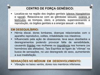  Localiza-se na região dos órgãos genitais (plexos hipogástrico
e sacral). Relaciona-se com as glândulas sexuais, ovários e
testículos, as trompas, útero, e próstata, supervisionando a
reprodução, os órgãos genitais e a energia sexual - a libido.
EM DESEQUILÍBRIO:
 Hérnia discal, dores lombares, doenças relacionadas com o
aparelho reprodutivo, colites, irritabilidade nos intestinos.
 Influenciado pela ação de obsessores, leva seus obsidiados a
desregramentos podendo provocar falta de sensibilidade,
causando frigidez nas mulheres ou impotência nos homens (os
hormônios são afetados). Tais Espíritos se ligam às “vítimas” na
busca de sensações, no uso desregrado do sexo, aumentando
a sua insatisfação.
SENSAÇÕES NO MÉDIUM EM DESENVOLVIMENTO:
 Vibração no baixo ventre, dores nos membros inferiores.
CENTRO DE FORÇA GENÉSICO:
 