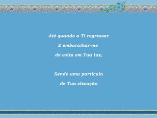 Até quando a Ti regressar
E embaralhar-me
de volta em Tua luz,
Sendo uma partícula
de Tua elevação.
 