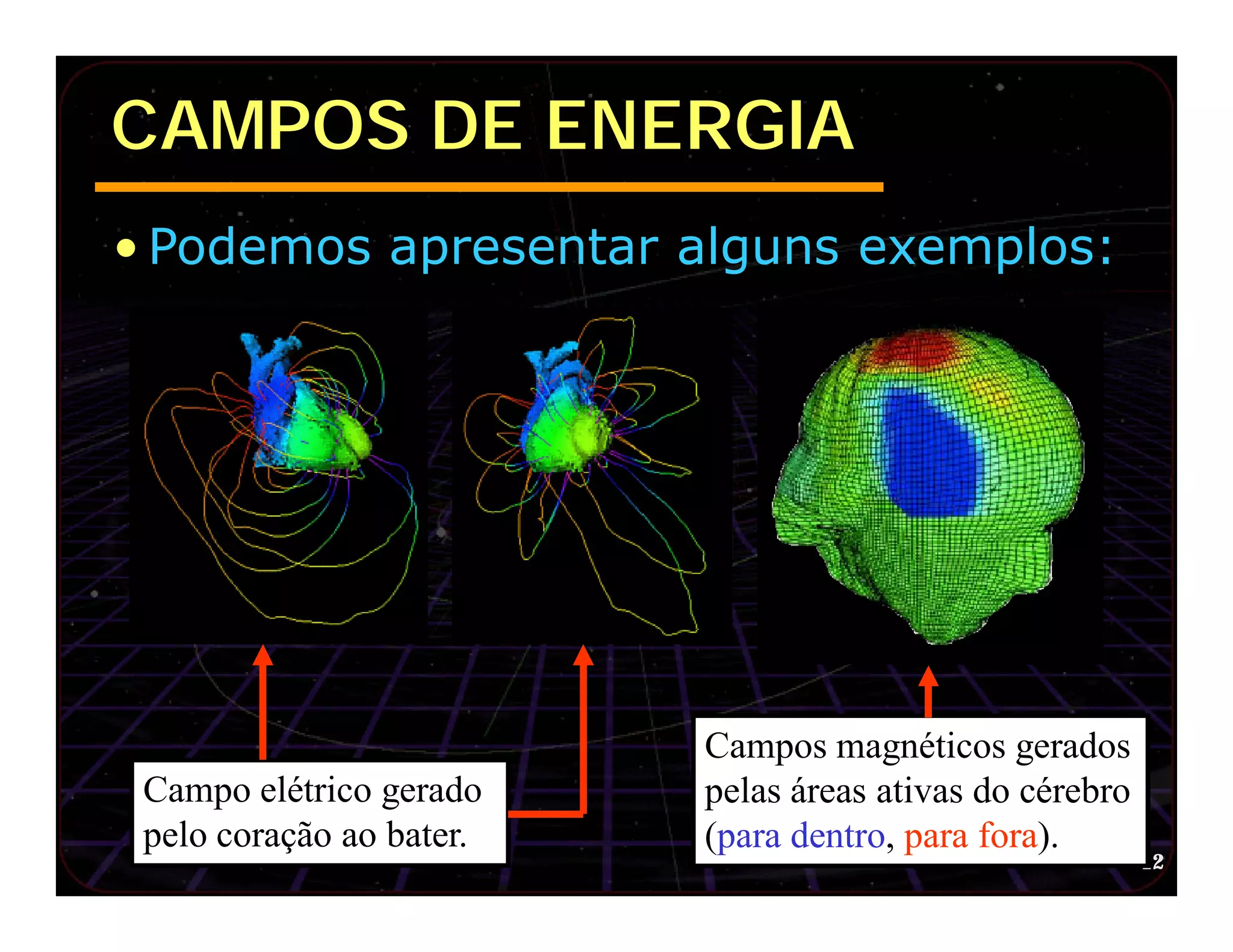 CAMPOS DE ENERGIA
• Podemos apresentar alguns exemplos:




                          Campos magnéticos gerados
 Campo elétrico gerado    pelas áreas ativas do cérebro
 pelo coração ao bater.   (para dentro, para fora).
                                                          12
 