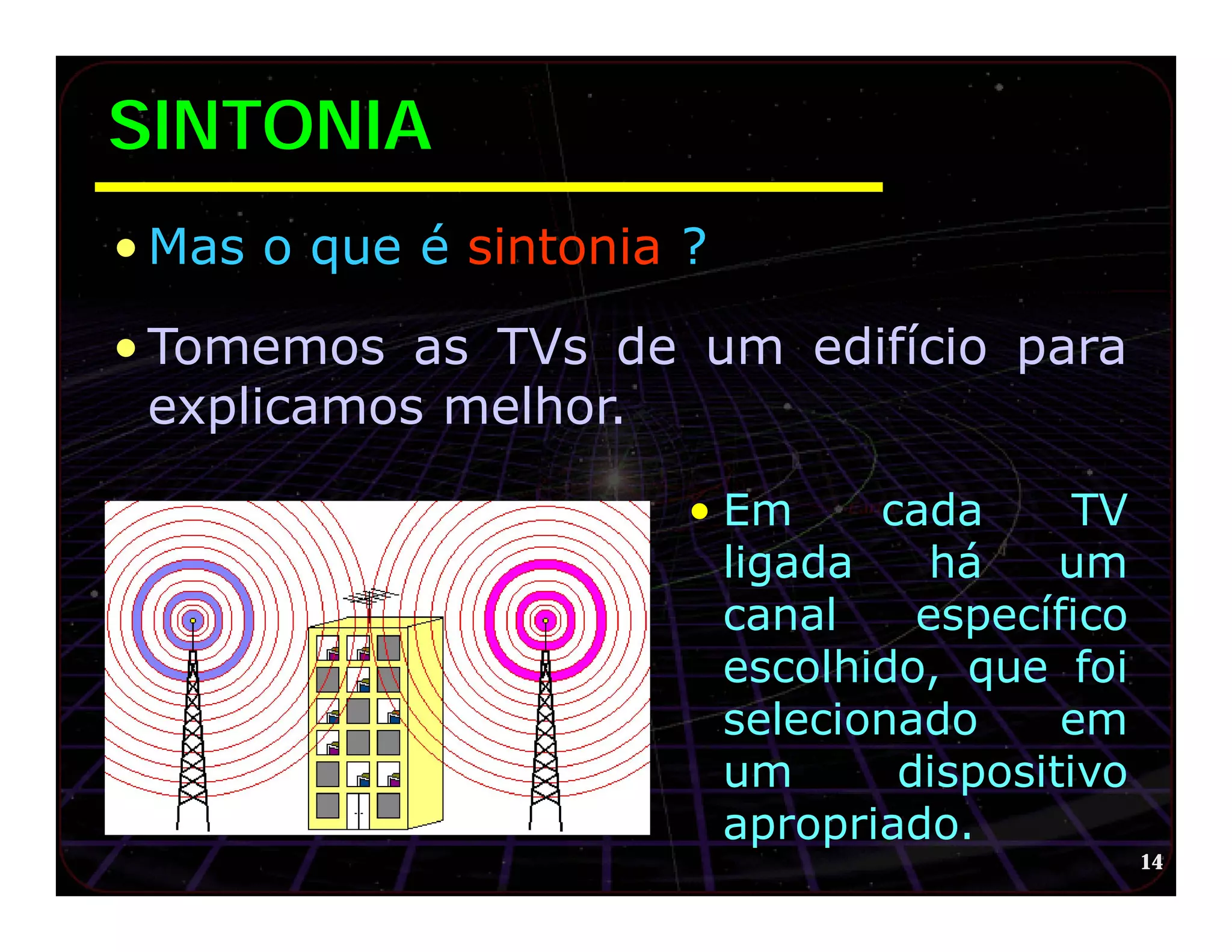 SINTONIA
• Mas o que é sintonia ?

• Tomemos as TVs de um edifício para
  explicamos melhor.

                       • Em     cada      TV
                         ligada    há    um
                         canal    específico
                         escolhido, que foi
                         selecionado     em
                         um      dispositivo
                         apropriado.
                                               14
 