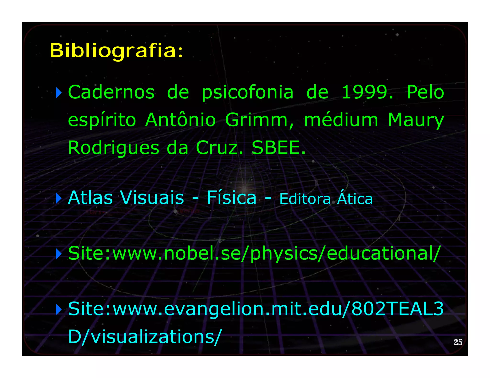 Bibliografia:

4Cadernos de psicofonia de 1999. Pelo
 espírito Antônio Grimm, médium Maury
  Rodrigues da Cruz. SBEE.

4Atlas Visuais - Física - Editora Ática


4Site:www.nobel.se/physics/educational/


4Site:www.evangelion.mit.edu/802TEAL3
  D/visualizations/                       25
 