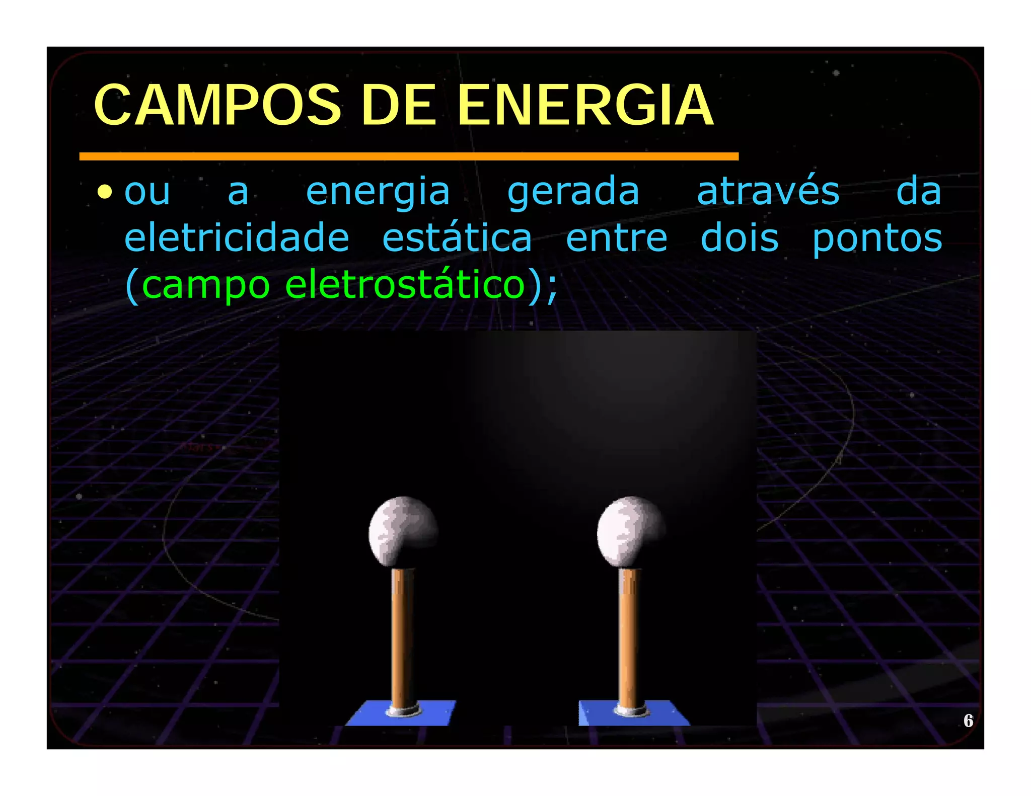 CAMPOS DE ENERGIA
• ou a energia gerada através da
  eletricidade estática entre dois pontos
  (campo eletrostático);




                                            6
 