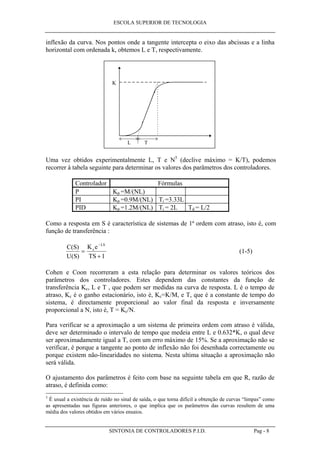 ESCOLA SUPERIOR DE TECNOLOGIA
SINTONIA DE CONTROLADORES P.I.D. Pag - 8
inflexão da curva. Nos pontos onde a tangente intercepta o eixo das abcissas e a linha
horizontal com ordenada k, obtemos L e T, respectivamente.
K
L T
Uma vez obtidos experimentalmente L, T e N5
(declive máximo = K/T), podemos
recorrer à tabela seguinte para determinar os valores dos parâmetros dos controladores.
Controlador Fórmulas
P Kp =M/(NL)
PI Kp =0.9M/(NL) Ti =3.33L
PID Kp =1.2M/(NL) Ti = 2L Td = L/2
Como a resposta em S é característica de sistemas de 1ª ordem com atraso, isto é, com
função de transferência :
C S
U S
K e
TS
c
LS
( )
( )
=
+
−
1
(1-5)
Cohen e Coon recorreram a esta relação para determinar os valores teóricos dos
parâmetros dos controladores. Estes dependem das constantes da função de
transferência Kc, L e T , que podem ser medidas na curva de resposta. L é o tempo de
atraso, Kc é o ganho estacionário, isto é, Kc=K/M, e T, que é a constante de tempo do
sistema, é directamente proporcional ao valor final da resposta e inversamente
proporcional a N, isto é, T = Kc/N.
Para verificar se a aproximação a um sistema de primeira ordem com atraso é válida,
deve ser determinado o intervalo de tempo que medeia entre L e 0.632*K, o qual deve
ser aproximadamente igual a T, com um erro máximo de 15%. Se a aproximação não se
verificar, é porque a tangente ao ponto de inflexão não foi desenhada correctamente ou
porque existem não-linearidades no sistema. Nesta ultima situação a aproximação não
será válida.
O ajustamento dos parâmetros é feito com base na seguinte tabela em que R, razão de
atraso, é definida como:
5
É usual a existência de ruído no sinal de saída, o que torna difícil a obtenção de curvas “limpas” como
as apresentadas nas figuras anteriores, o que implica que os parâmetros das curvas resultem de uma
média dos valores obtidos em vários ensaios.
 