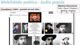 Mobilidade poética - áudio poesia
Smartphone / tablet – gravador de voz/ vídeo
Objetivos Educacionais
Falar | Ouvir | Produzir |
Mostrar | Publicar
 