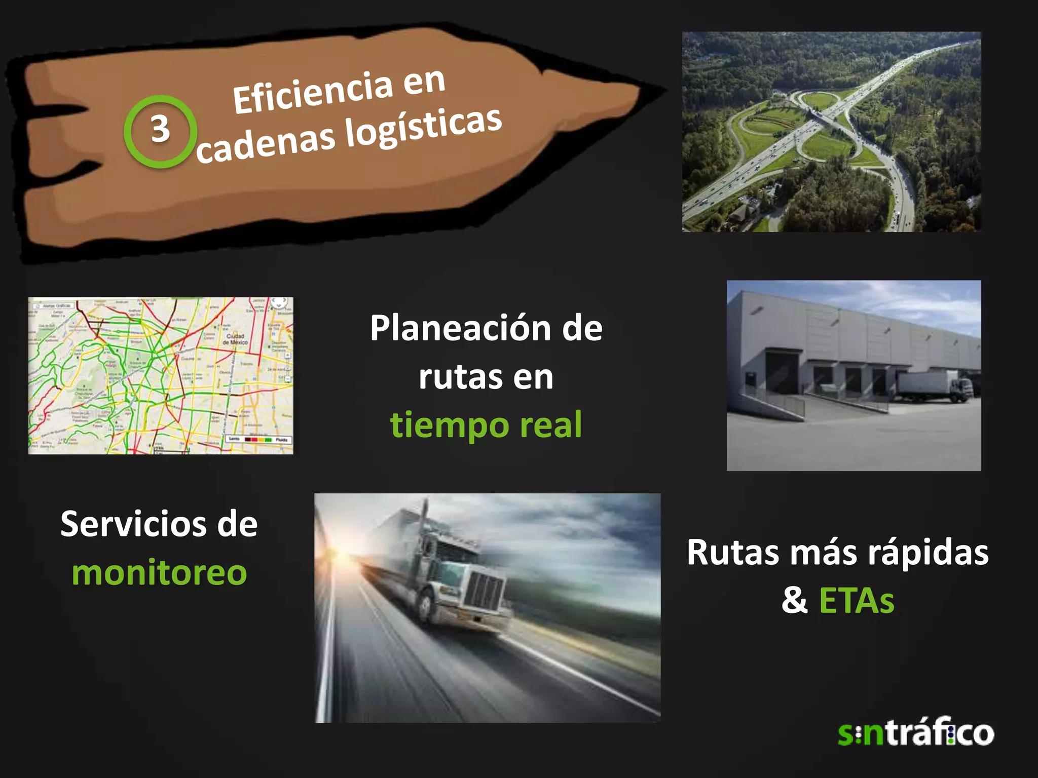 Planeación de
                  rutas en
                tiempo real

Servicios de
 monitoreo                     Rutas más rápidas
                                    & ETAs
 