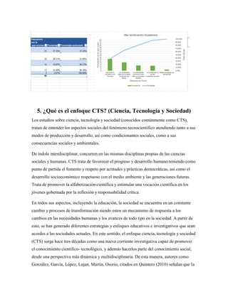 5. ¿Qué es el enfoque CTS? (Ciencia, Tecnología y Sociedad)
Los estudios sobre ciencia, tecnología y sociedad (conocidos comúnmente como CTS),
tratan de entender los aspectos sociales del fenómeno tecnocientífico atendiendo tanto a sus
modos de producción y desarrollo, así como condicionantes sociales, como a sus
consecuencias sociales y ambientales.
De índole interdisciplinar, concurren en las mismas disciplinas propias de las ciencias
sociales y humanas. CTS trata de favorecer el progreso y desarrollo humano teniendo como
punto de partida el fomento y respeto por actitudes y prácticas democráticas, así como el
desarrollo socioeconómico respetuoso con el medio ambiente y las generaciones futuras.
Trata de promover la alfabetización científica y estimular una vocación científica en los
jóvenes gobernada por la reflexión y responsabilidad crítica.
En todos sus aspectos, incluyendo la educación, la sociedad se encuentra en un constante
cambio y procesos de transformación siendo estos un mecanismo de respuesta a los
cambios en las necesidades humanas y los avances de todo tipo en la sociedad. A partir de
esto, se han generado diferentes estrategias y enfoques educativos e investigativos que sean
acordes a las sociedades actuales. En este sentido, el enfoque ciencia, tecnología y sociedad
(CTS) surge hace tres décadas como una nueva corriente investigativa capaz de promover
el conocimiento científico- tecnológico, y además hacerlos parte del conocimiento social,
desde una perspectiva más dinámica y multidisciplinaria. De esta manera, autores como
González, García, López, Lujan, Martín, Osorio, citados en Quintero (2010) señalan que la
 